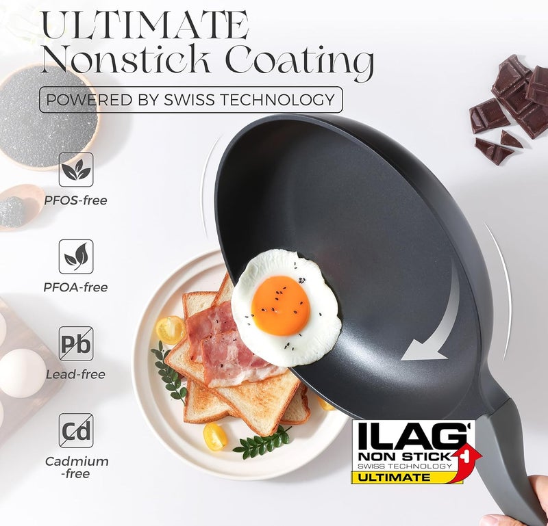 PRICUSIS 5Pcs Nonstick Frying Pan Set, Swiss ILAG Coating, 8+10+12 Inch Induction Compatible, Stay Cool Handle, Fully Coated, 100% Dishwasher Safe, PFOA Free Omelet Pans, Warp Resistant (Black Sesame) - Image 3